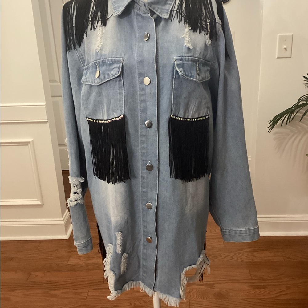Customized Fringe Denim Jacket Accents ( Size: XXL) (Color: Light Wash Blue) - Picture 10 of 10
